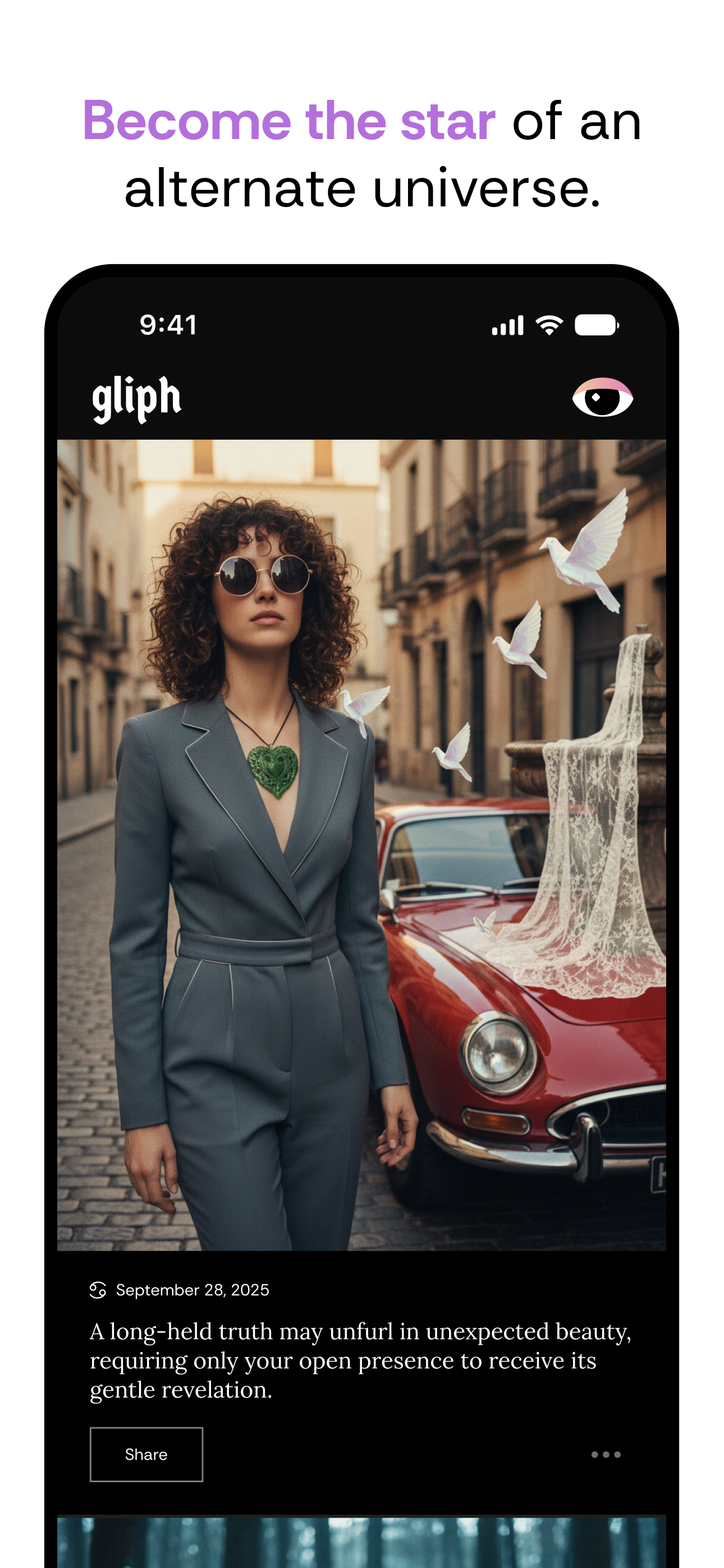 Gliph screenshot showing a daily visual horoscope with a moon card and orbit accents.